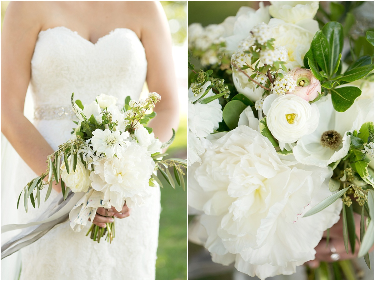 Creamy white bridal bouquet with large peonies, ranunculus, roses and eucalyptus