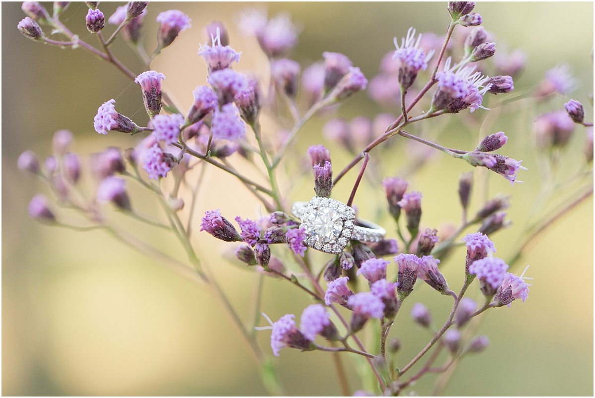 diamond ring on purple wildflowers