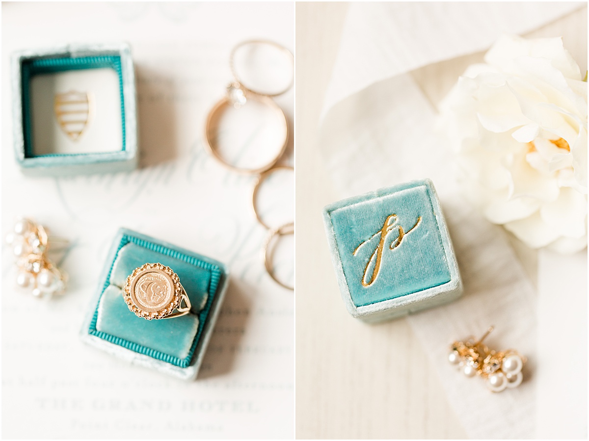 Blue monogrammed Mrs. Box ring box with vintage gold ring.