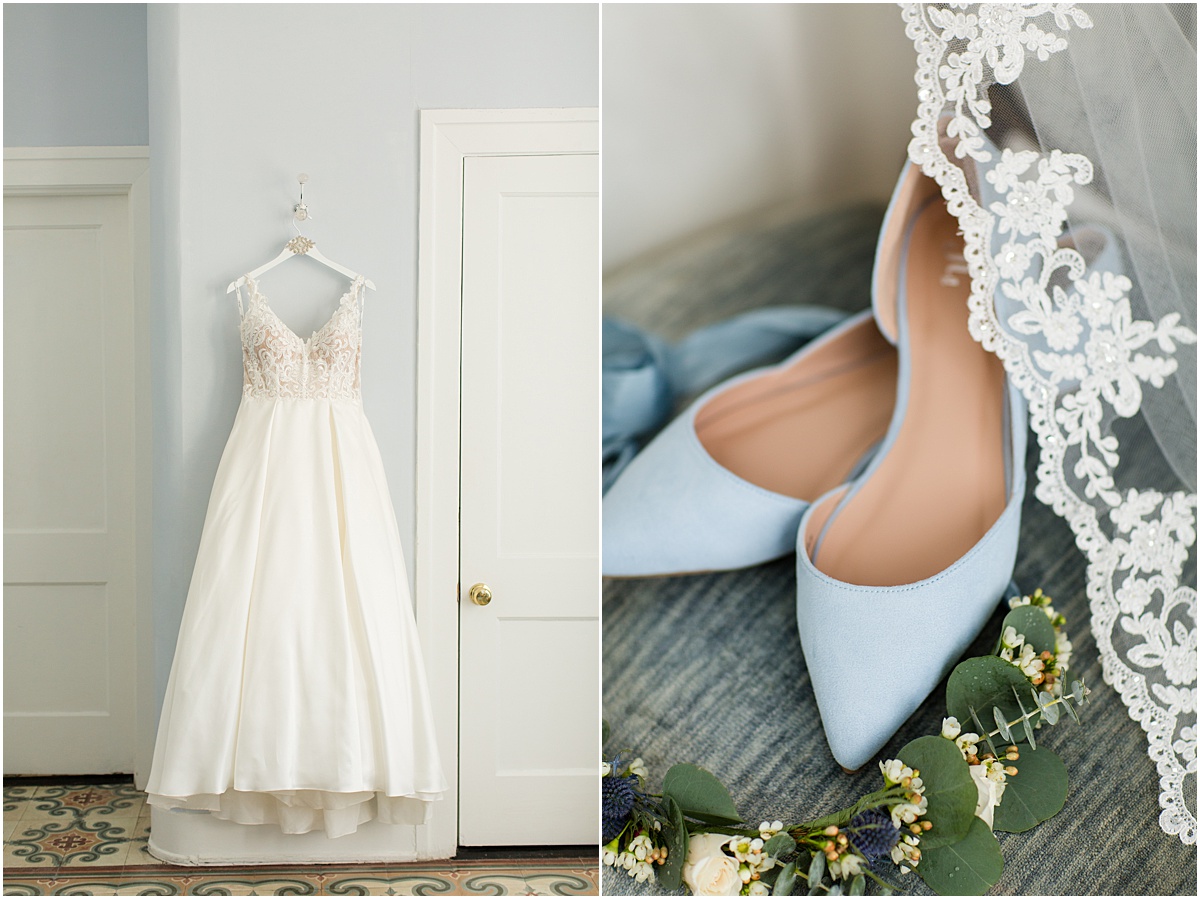 White wedding dress and blue wedding shoes in the bridal suite at The Pillars of Mobile