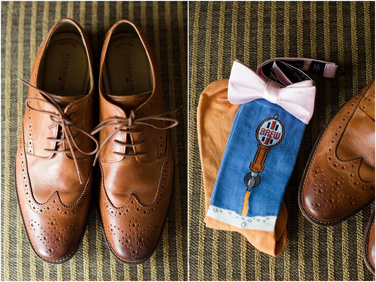 Brown leather shoes and colorful socks with beer theme and pink bowtie 