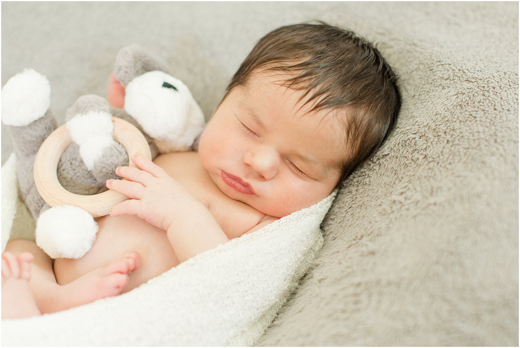 Close up of newborn baby boy holding stuffed toy dog.