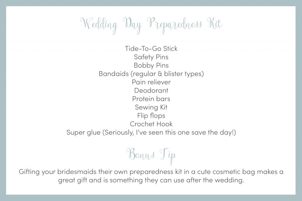 Wedding Day Preparedness Kit Graphic, including bandaids, sewing kit, Tide to Go Stick, Deodorant, protein bar and pain reliever.