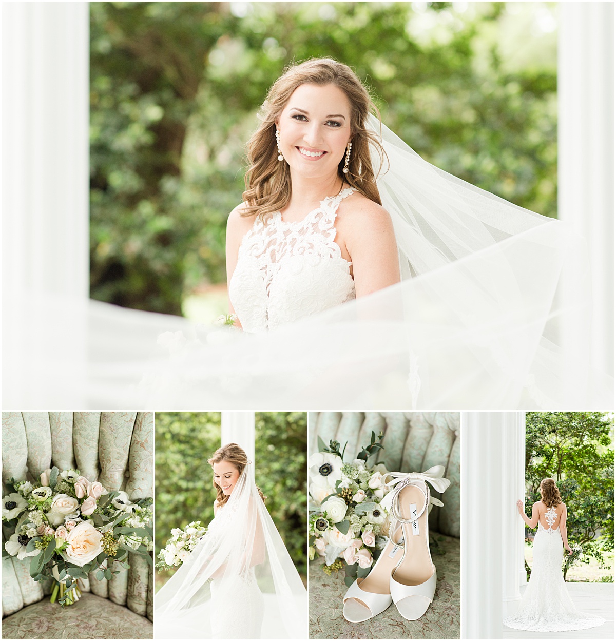 Bride wearing a lace gown and cathedral length veil standing on the porch at the Bragg-Mitchell Mansion in Mobile Alabama